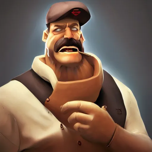 Image similar to the heavy from team fortress 2 eating a sandwhich, au naturel, hyper detailed, digital art, trending in artstation, cinematic lighting, studio quality, smooth render, unreal engine 5 rendered, octane rendered, art style by klimt and nixeu and ian sprigger and wlop and krenz cushart