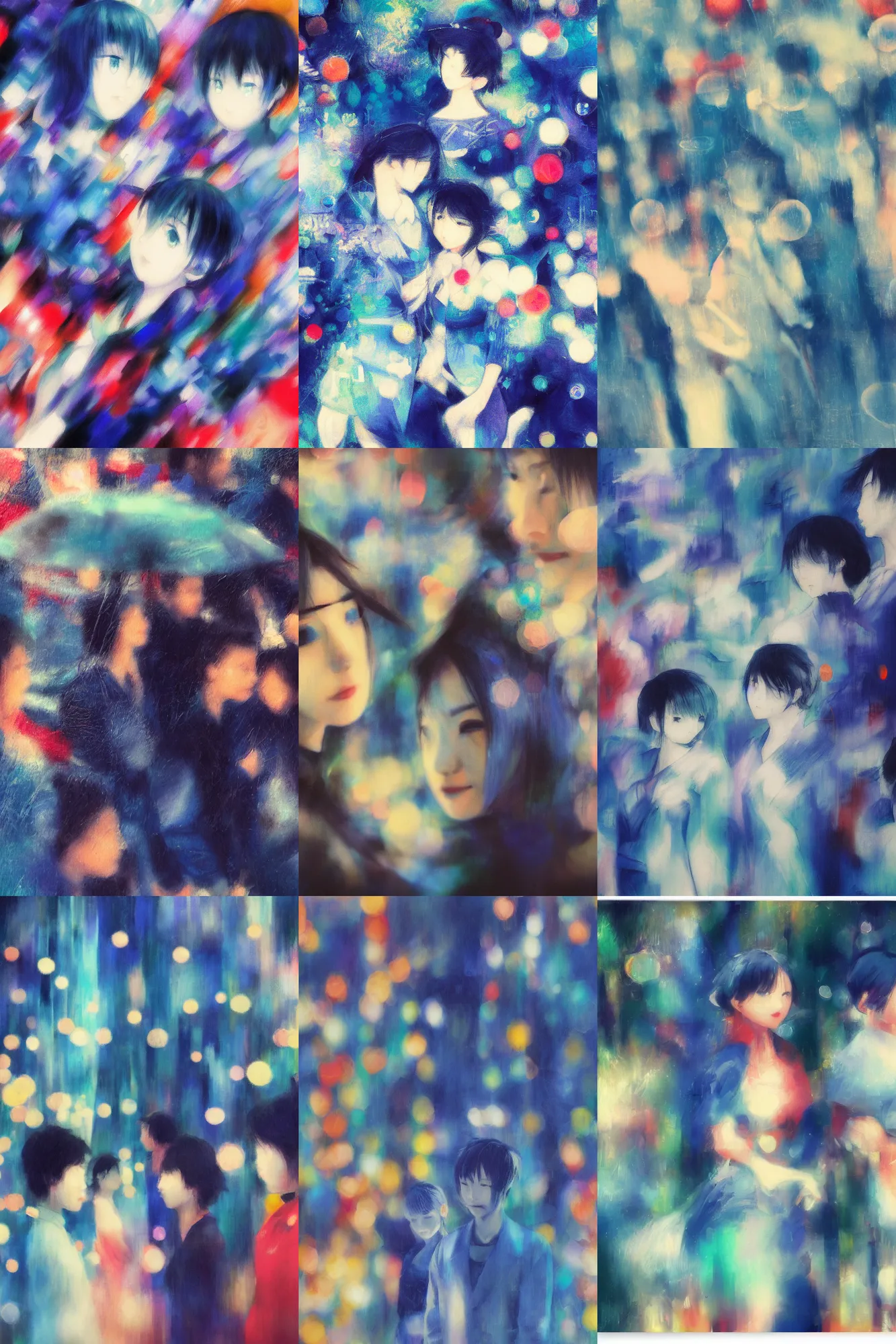 Prompt: artwork by Yoshitomo Nara, azure tones, a Rendering of a cinematic beautiful closeup moment of friends standing facing toward their love, full of details, trending on artstatio Franz Marc, soft bokeh, n