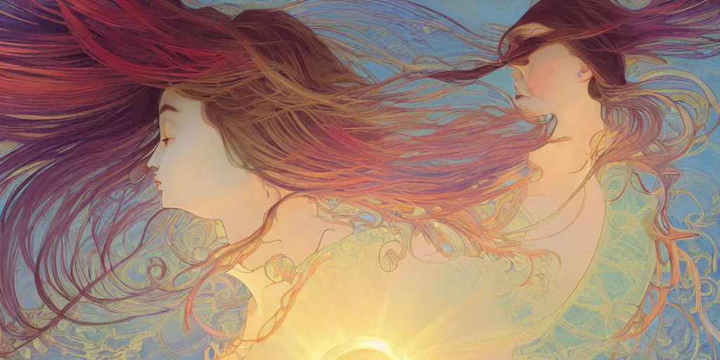Prompt: baby bird catches the worm, sunrise, rainbow, fantasy, intricate, very very beautiful, elegant, highly detailed, digital painting, artstation, concept art, smooth, sharp focus, illustration, art by alphonse mucha