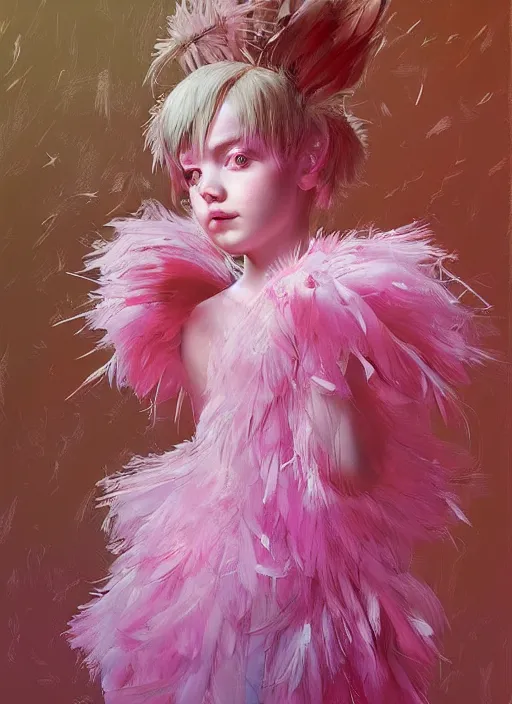 Image similar to beautiful little girl with an pink eccentric haircut wearing an dress made of feathers dancing on stage, artwork made by ilya kuvshinov, inspired in donato giancola, hd, ultra realistic, reflection, stage