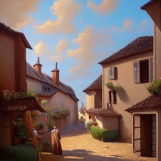 Image similar to A detailed oil painting of a beautiful French village by Michiel Schrijver, Greg Rutkowski, isometric, pastel colors