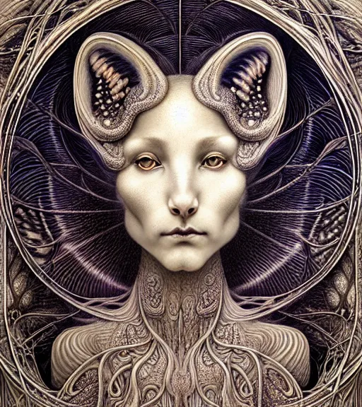 Image similar to detailed realistic beautiful fox goddess face portrait by jean delville, gustave dore, iris van herpen and marco mazzoni, art forms of nature by ernst haeckel, art nouveau, symbolist, visionary, gothic, neo - gothic, pre - raphaelite, fractal lace, intricate alien botanicals, ai biodiversity, surreality, hyperdetailed ultrasharp octane render