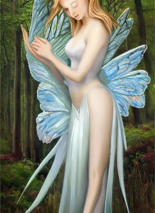 Image similar to beautiful oil painting full body portrait of fairy princess princess soft skin silver hair standing in forest, wings, diadem