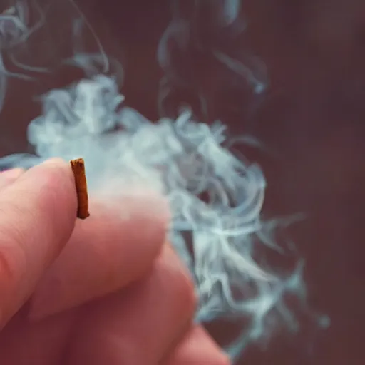 Image similar to Close-up of soft hand holding cigarette with smoke, hyper realistic photo, 4K