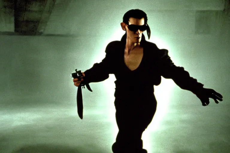 Prompt: a monkey starring as Neo on the matrix (1999), cinematic lighting, movie still