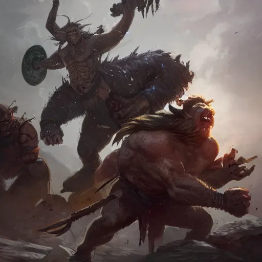 Image similar to an orc, an elf, a troll and a warrior fighting eachother, greg rutkowski