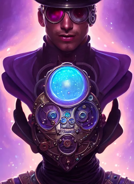 Image similar to a male steampunk faceless glowing liquefied stardust adventurer, dnd fantasy character, full body portrait, glowing neon skin, magical aura, ultra realistic, intricate, elegant, highly detailed, digital painting, artstation, smooth, sharp, focus, illustration, art by artgerm and greg rutkowski and alphonse mucha and dan mumford, sacred geometry, psychedelic