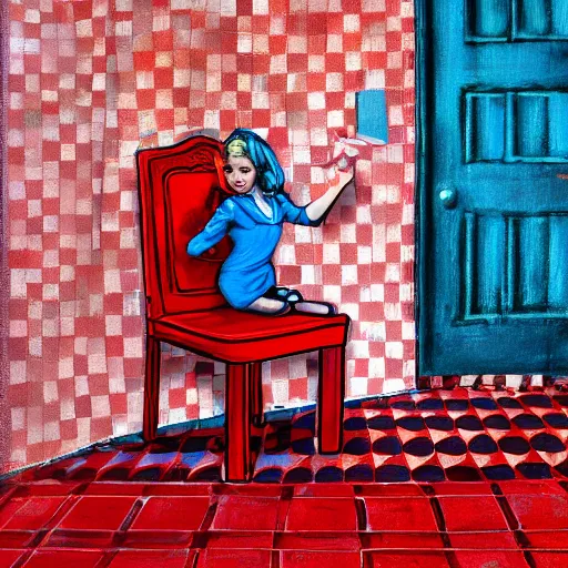 Prompt: alice in the wonderland, sitting, checkered floor, chair, blue dress, red door blonde, light by cheval michael, walls