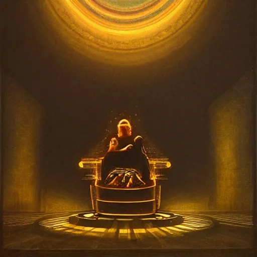 Prompt: highly detailed dark god sit on the tron, surreal, night, death, fear, caravaggio, hyperrealism, detailed and intricate environment, volumetric dramatic light