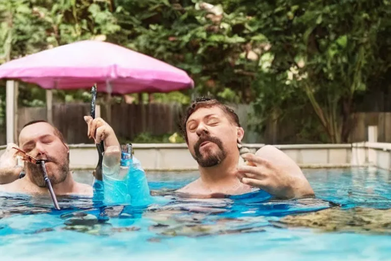 Image similar to a still of two guys smoking cigarettes while floating in a backyard pool in the video too many cooks