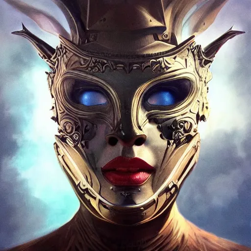 Prompt: Very very very very highly detailed epic photo of face with venetian mask, intricate, dystopian, sci-fi, extremely detailed, digital painting, artstation, concept art, smooth, sharp focus, illustration, intimidating lighting, mystic environment, incredible art by Artgerm and Vincent di Fate