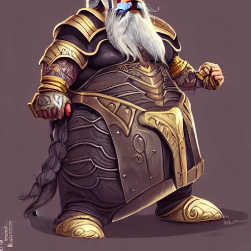 Prompt: elderly female feminine bearded dwarven heavyset fighter with curly long grey hairstyle, her full beard is long and plaited style, she has wrinkled skin and is wearing full black platemail armor with intricate slight gold trim by rossdraws