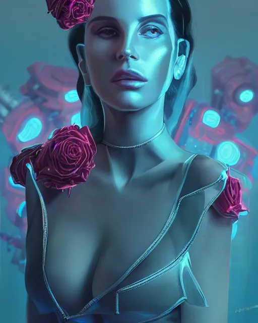 Image similar to portrait of lana del rey as a cyberpunk cyborg. roses, sci - fi, missing panels, intricate abstract upper body intricate artwork, by tooth wu, wlop, beeple, dan mumford. concept art, octane render, deviantart, greg rutkowski, cinematic, key art, hyperrealism, iridescent accents