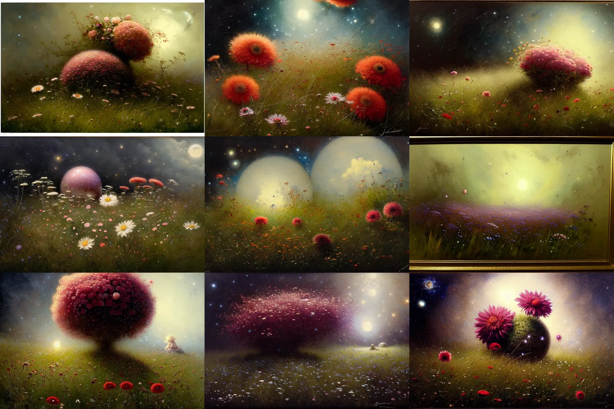 Prompt: ( ( ( ( ( ultra realistic 8 k image of eautiful spheres of grass and flowers float in the dark space ) ) ) ) ) painted by jean - baptiste monge!!!!!!!!!!!!!!!!!!!!!!!!!!!, dark mood, overdetailed art