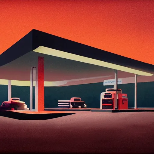 Prompt: a matte painting of a gas station at night by emiliano ponzi, james gilleard, george ault, david hockney, atey ghailan, albert namatjira, marius borgeaud, minimalist, bauhaus, retrofuturism, postminimalism, concept art, matte background, matte drawing, magical realism, space art, generative art