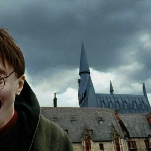 Prompt: happy potter, wide shot, by christopher nolan