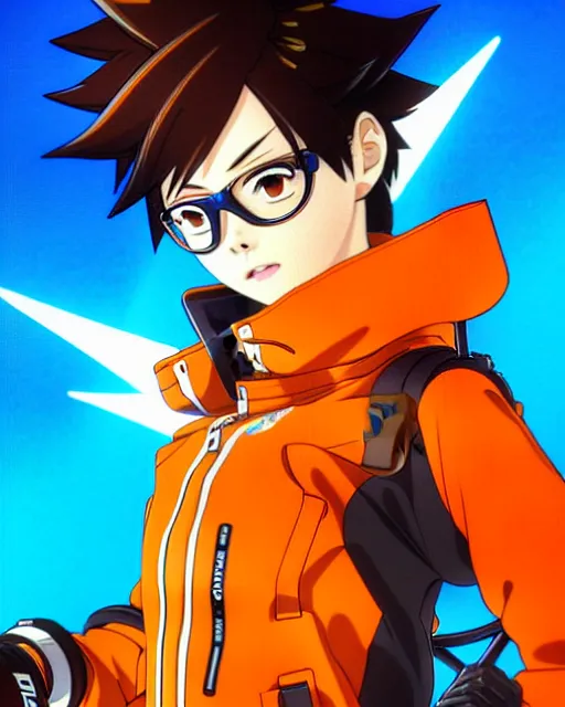 Image similar to Anime as Tracer Overwatch wearing brown-leather-coat; in snowboard orange-mask || cute-fine-face, pretty face, realistic shaded Perfect face, fine details. Anime. realistic shaded lighting poster by Ilya Kuvshinov katsuhiro otomo ghost-in-the-shell, magali villeneuve, artgerm, Jeremy Lipkin and Michael Garmash and Rob Rey as Overwatch Tracer cute smile