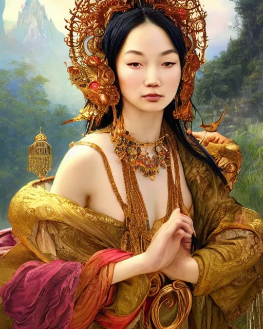 Prompt: a beautiful intricate exquisite imaginative exciting eastern classical close up portrait of an asian enchantress sitting with elegant looks, dark flowing robe, ornate magical intricate and soft by ruan jia, tom bagshaw, alphonse mucha, krenz cushart, beautiful waterfall and ruins in the background, epic sky, vray render, artstation, deviantart, pinterest, 5 0 0 px models