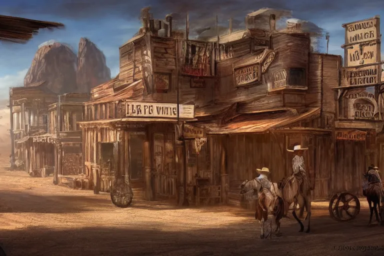 Image similar to concept art, wild west town, cinematic