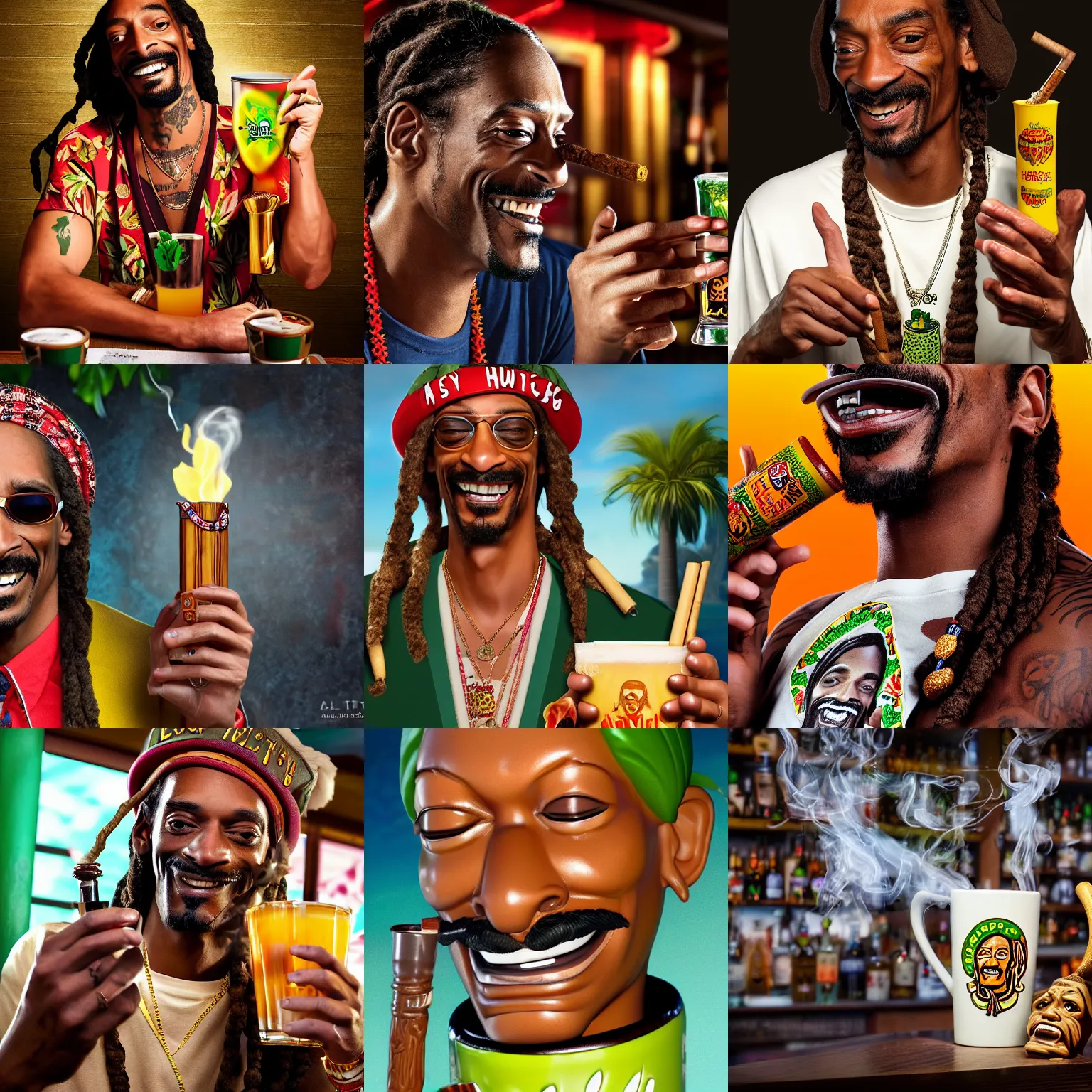 Prompt: a closeup photorealistic photograph of happy blunt smoking snoop dogg at trader vic's bar holding up a trader vic's style tiki mug featuring snoop dogg's face. tiki culture. lit scene. 4 k hd image that's trending on artstation, featured on behance, well rendered, extra crisp, features epic composition and the style of unreal engine.