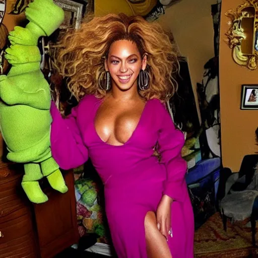 Prompt: Beyoncé showing off her room full of Shrek memorabilia