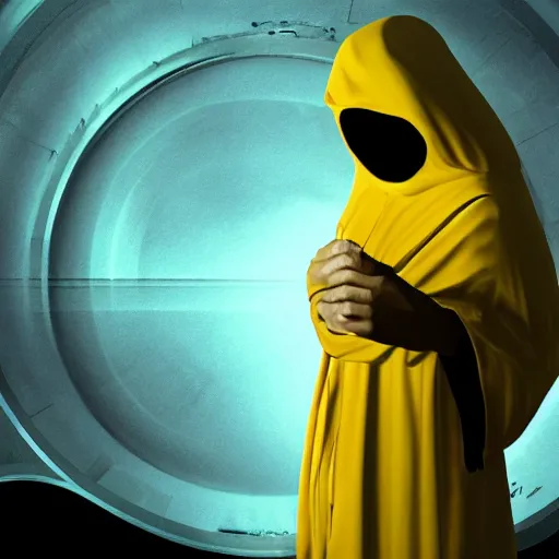 Image similar to award - winning. trending on artstation. surreal. cinematic. a person wearing hooded ornate yellow robes and a spooky steel mask staring while a black hole floats behind them. dark background.