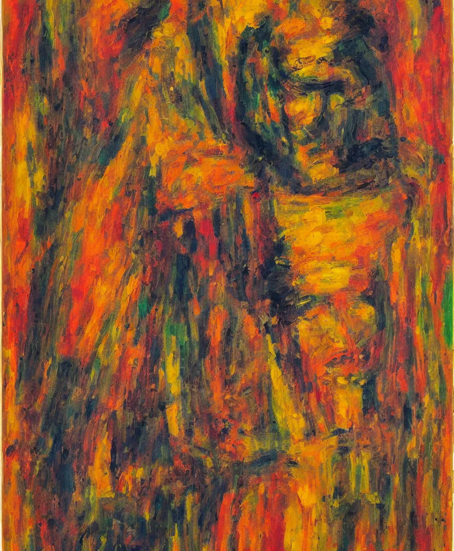 Image similar to a portrait of a severe warrior, expressive abstractionism, many small saturated hard relief strokes with oil on canvas with high detail