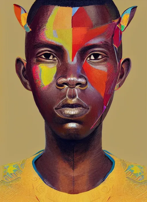 Prompt: colourful upper half portrait of an african boy - art by tenmyouya hisashi & hsiao - ron cheng, highly detailed, digital painting, illustration, smooth, sharp focus, intricate, symmetry, pinterest, behance, artstation