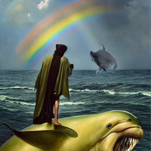 Prompt: a hyper realistic painting of the grim reaper standing on the back of a dolphin that is jumping over a rainbow, by james c christensen and santiago caruso,