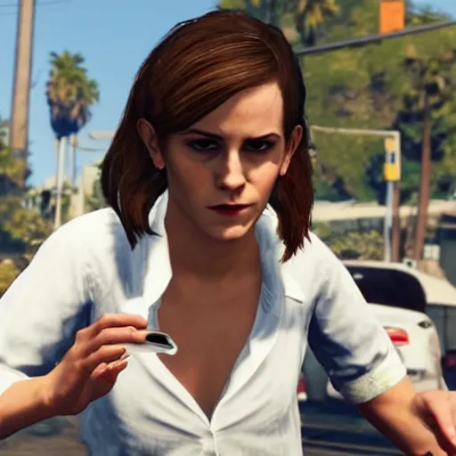 Prompt: Emma Watson spilling a soda on her white shirt in GTA 5.