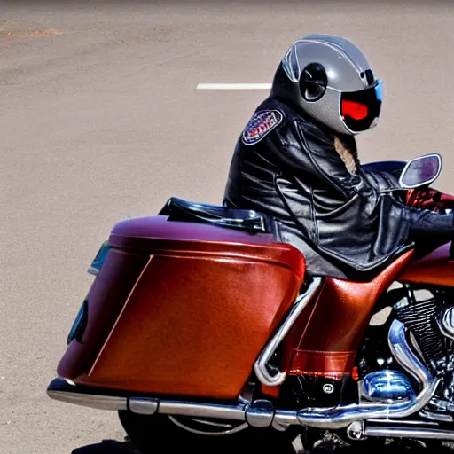 Image similar to Turkey on a Harley Davidson motorcycle, wearing a helmet, award-winning photography