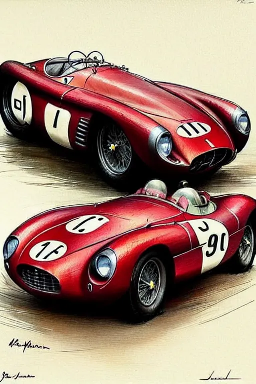 Image similar to (((((1950s racing Ferrari Maserati porsche. muted colors.))))) by Jean-Baptiste Monge !!!!!!!!!!!!!!!!!!!!!!!!!!!