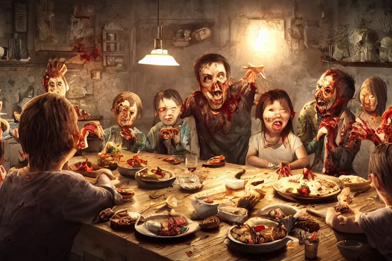 Prompt: a zombie family christmas dinner by ross tan, hyper realistic, ambient lighting, concept art, intricate, hyper detailed, smooth, dynamic volumetric lighting, octane, cinematic