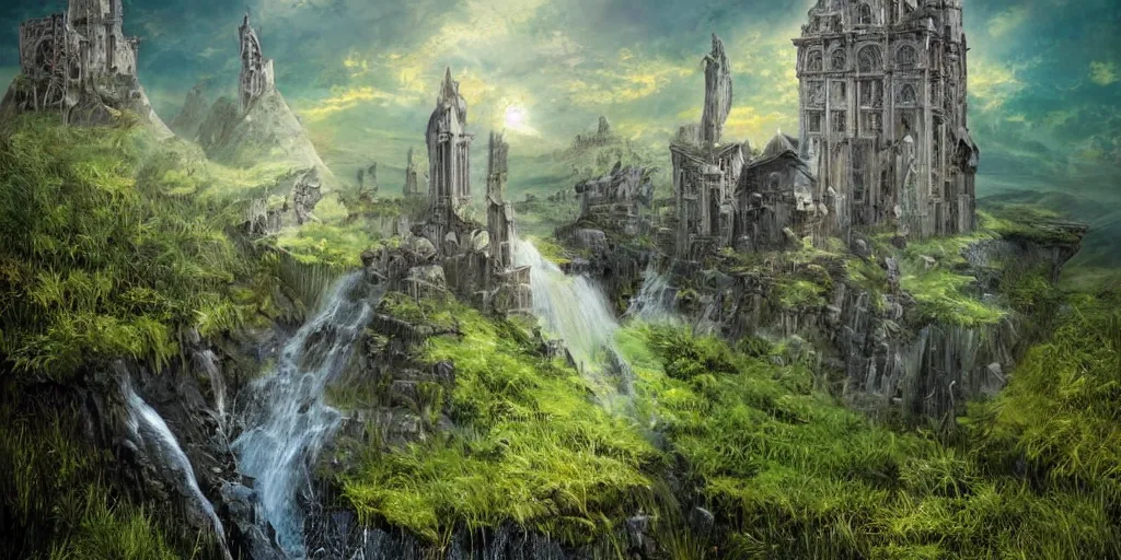 Prompt: side tower on dark brown malachite stronghold, medieval architecture with black waterfall, towering soaring under outer world grass field, art by Dmitry Dubinsky, masterpiece, sun on zenith
