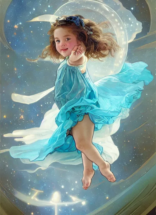 Image similar to a cute little girl with a round cherubic face, blue eyes, and short wavy light brown hair smiles as she floats in space with stars all around her. She is wearing a turquoise dress. Beautiful painting by Artgerm and Greg Rutkowski and Alphonse Mucha