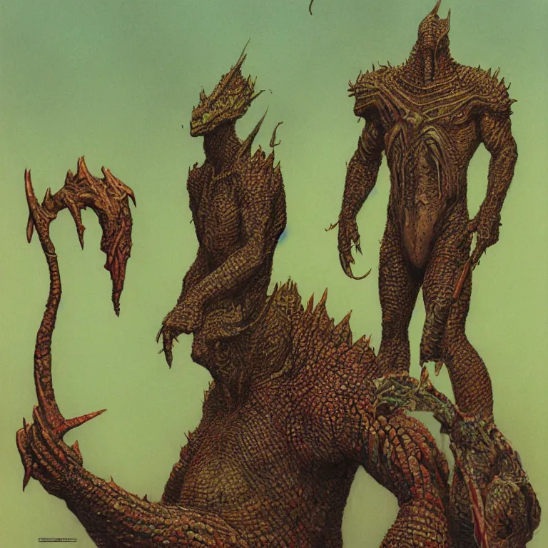 Image similar to a full body portrait of lizardman warrior concept, tribal, portrait by beksinski and moebius, background by moebius