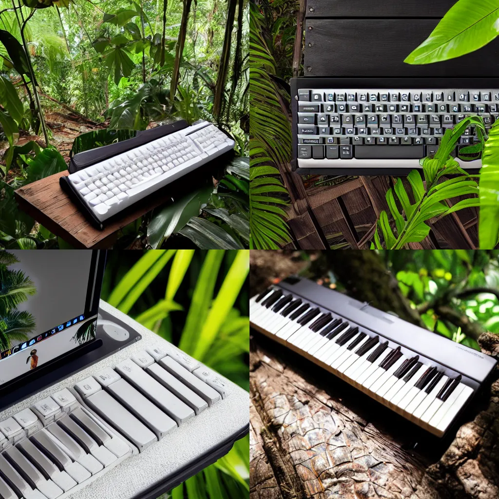 Prompt: a keyboard on a chair, in dense jungle, 8 k, high - resolution profesional photography, trending on artstation, sunshine, realistic