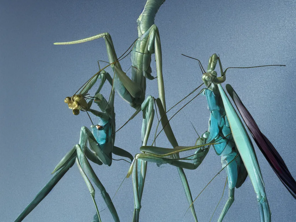 Image similar to close - up macro shot of a blue praying mantis. orchid mantis standing. complementary color scheme. subsurface scattering, translucency, backlit, diffused, smooth. studio photography high quality highly detailed award winning photograph by national geographic, by slim aarons. ( sculpture by antonio canova )