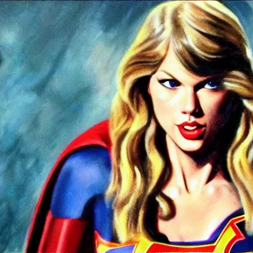 Prompt: ultra realistic portrait painting of taylor swift in the movie supergirl, art by frank frazetta, 4 k, ultra realistic, highly detailed, epic lighting.