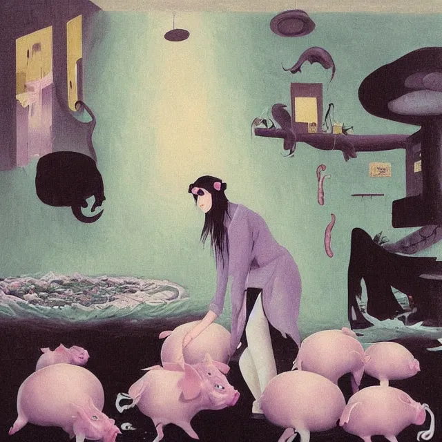 Image similar to tall female emo artist holding a pig in her flooded apartment, mushrooms, octopus, water gushing from ceiling, painting of flood waters inside an artist's apartment, a river flooding indoors, pomegranates, pigs, ikebana, zen, river, rapids, waterfall, black swans, canoe, berries, acrylic on canvas, surrealist, by magritte and monet