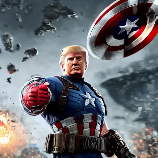 Image similar to Portrait of Donald Trump as captain america in Gears of War, splash art, movie still, cinematic lighting, dramatic, octane render, long lens, shallow depth of field, bokeh, anamorphic lens flare, 8k, hyper detailed, 35mm film grain