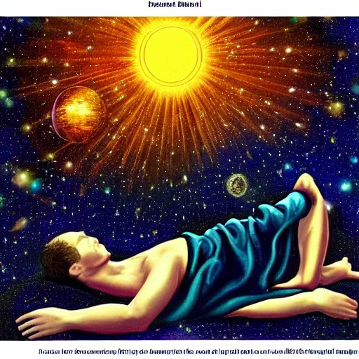 Image similar to Daniel the prophet dreaming of divine magical reflections of knowledge encoded in time and space ultra high quality style of solar opposites