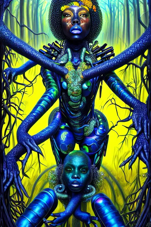 Image similar to hyperrealistic maximalist super expressive! black woman with exoskeleton armor, merging with tree in a forest, highly detailed digital painting masterpiece smooth cam de leon hannah yata dramatic pearlescent blue yellow light ground angle hd 8k sharp focus