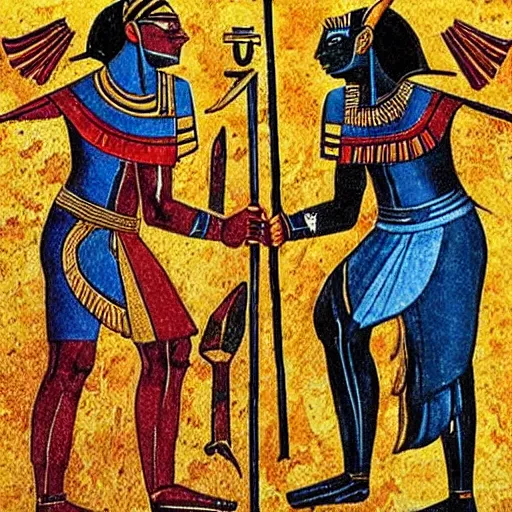 Prompt: epic battle of greek and egyptian gods