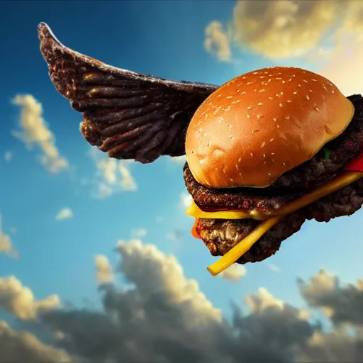 Image similar to a cheeseburger with wings, flapping its wings flying in sunset sky, oil on canvas, portrait, intricate, 8k highly professionally detailed, HDR, CGsociety