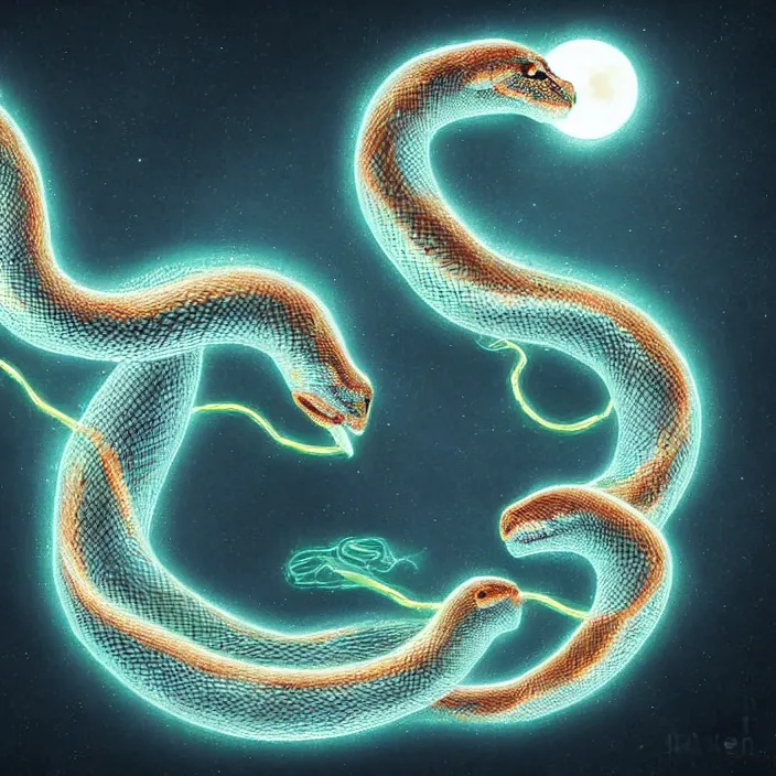 Image similar to digital art of colossal glowing snake eating a moon