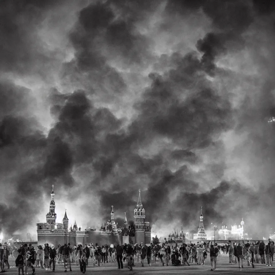 Image similar to Moscow Kremlin is on fire, dark atmosphere, lots of fire, clubs of smoke. Photography.