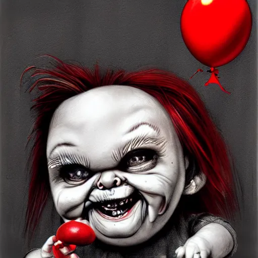 Image similar to surrealism grunge cartoon portrait sketch of chucky with a wide smile and a red balloon by - michael karcz, loony toons style, wall-e style, horror theme, detailed, elegant, intricate