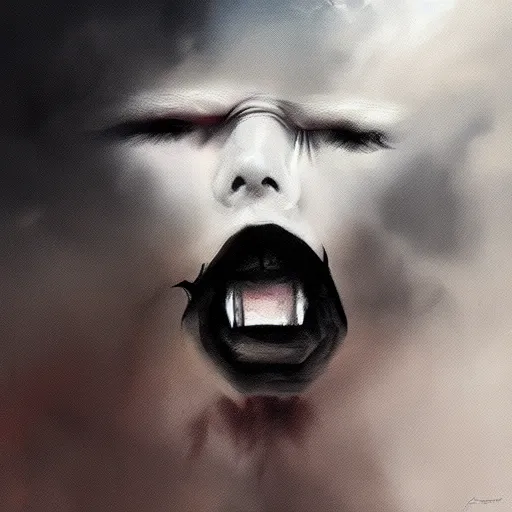 Image similar to a face in anguish coming out of the clouds, dark skies, ominous mood, breathtaking digital painting,