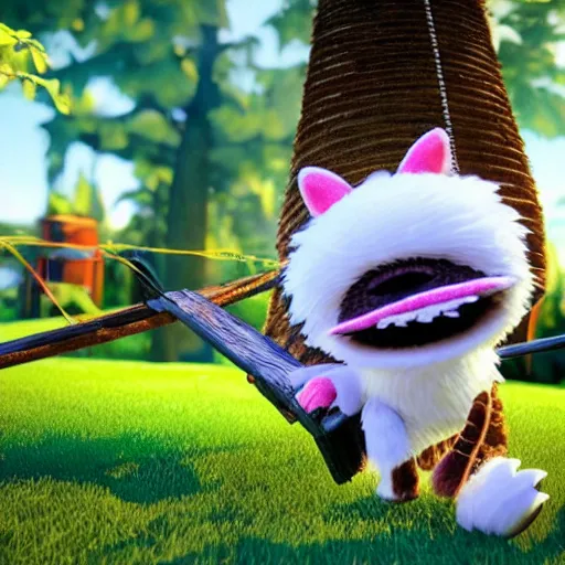 Image similar to a still from the game Little Big Planet, of a cute furry striped white-colored monster, enjoying while sitting on a swing in the middle of a park, facing towards the camera, dramatic lighting, by Victor Hugo, octane render, unreal engine, eye detailing, full-shot, very, very, very, very cute photo